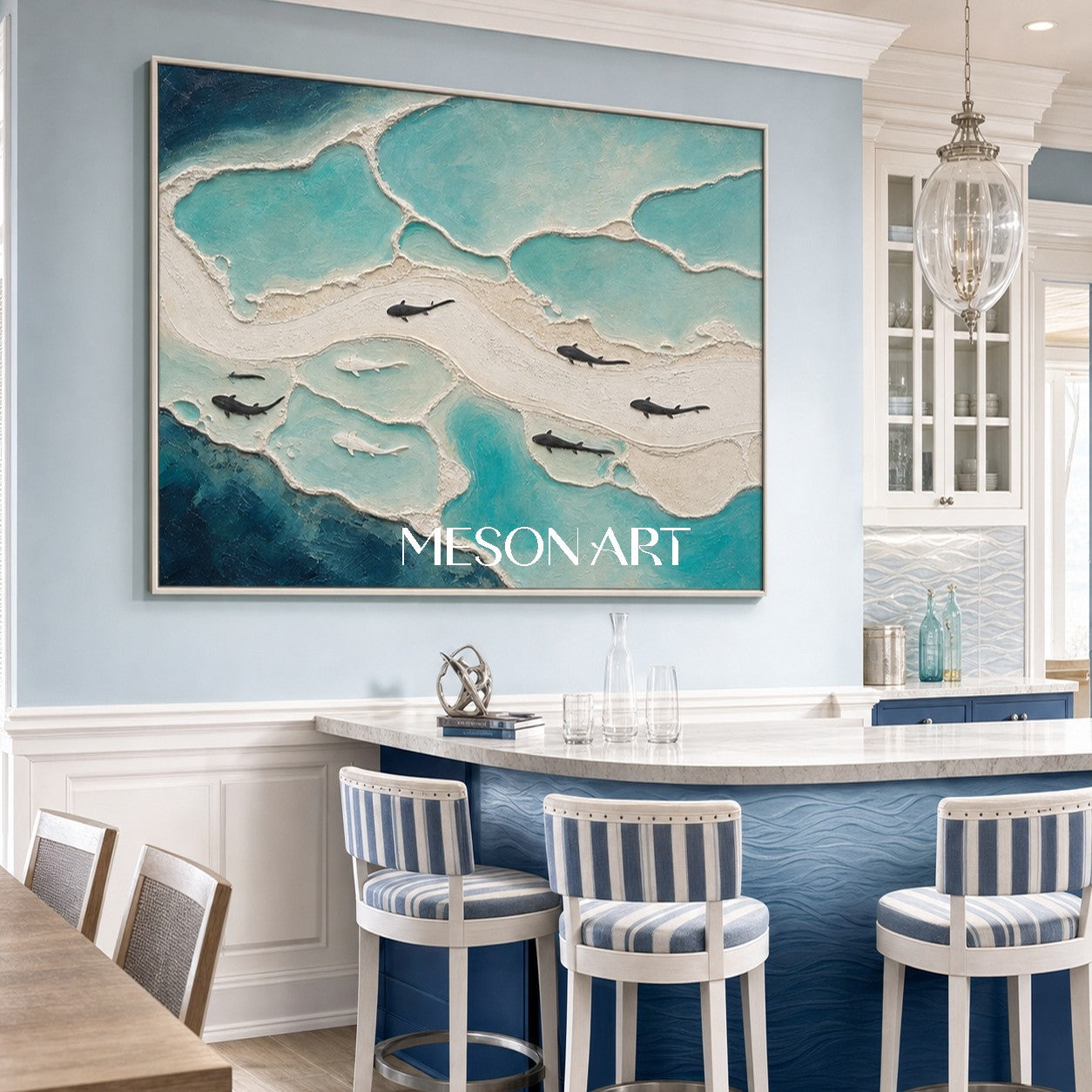 Textured Ocean Wall Art With Fish Silhouettes For Coastal Living Room Decor