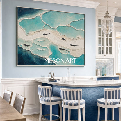 Textured Ocean Wall Art With Fish Silhouettes For Coastal Living Room Decor