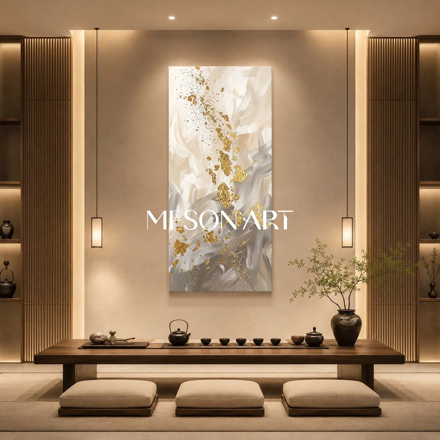 Luxury Abstract Gold Leaf Painting Beige Modern Wall Art For Living Room