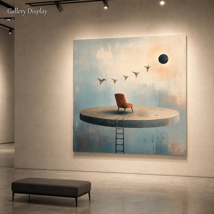 Surrealist Abstract Painting With Floating Chair For Modern Living Room Decor