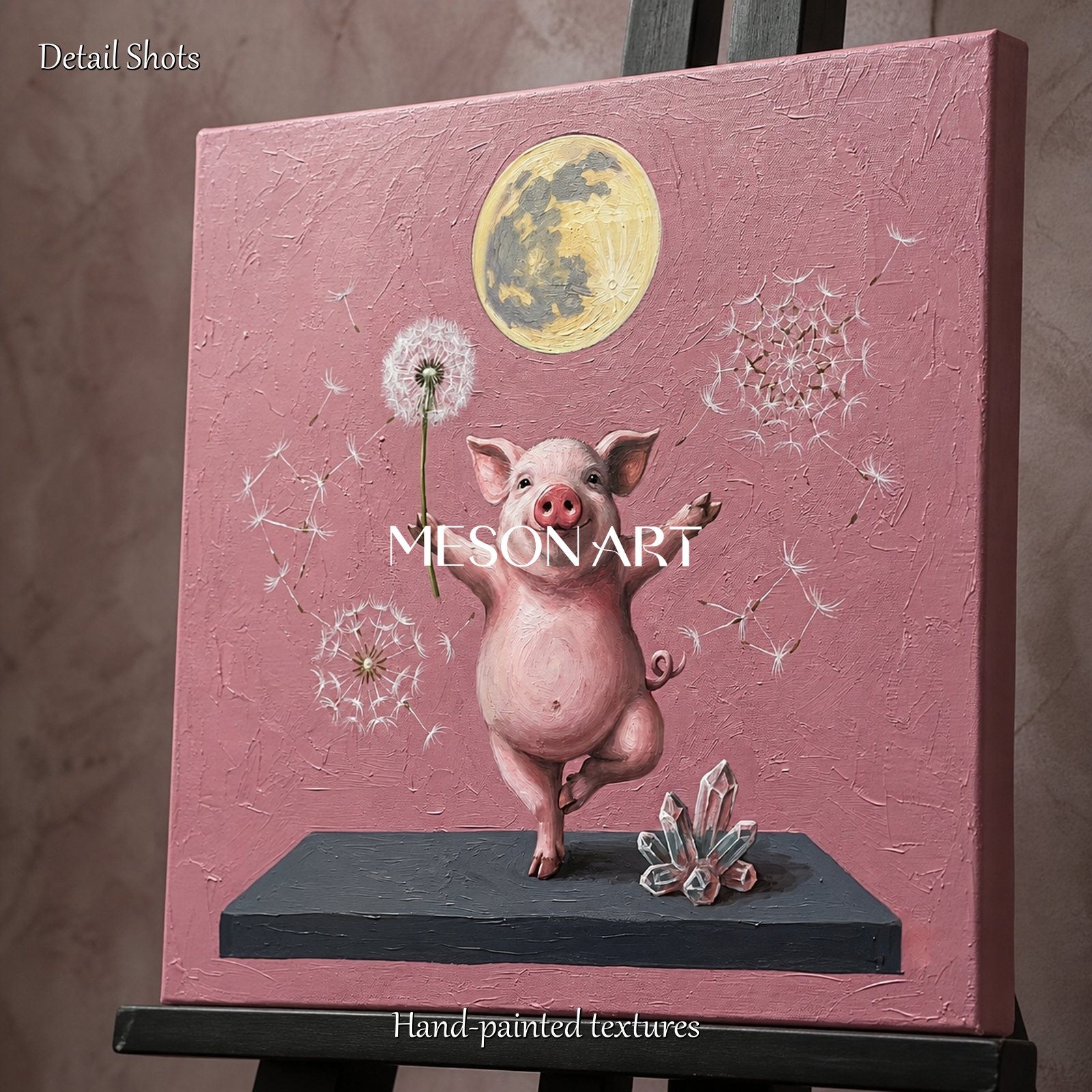 Pink And Gold Painting Surrealist Yoga Pig Original Artist Hand Painted Square Wall Art For Living Room By Mesonart