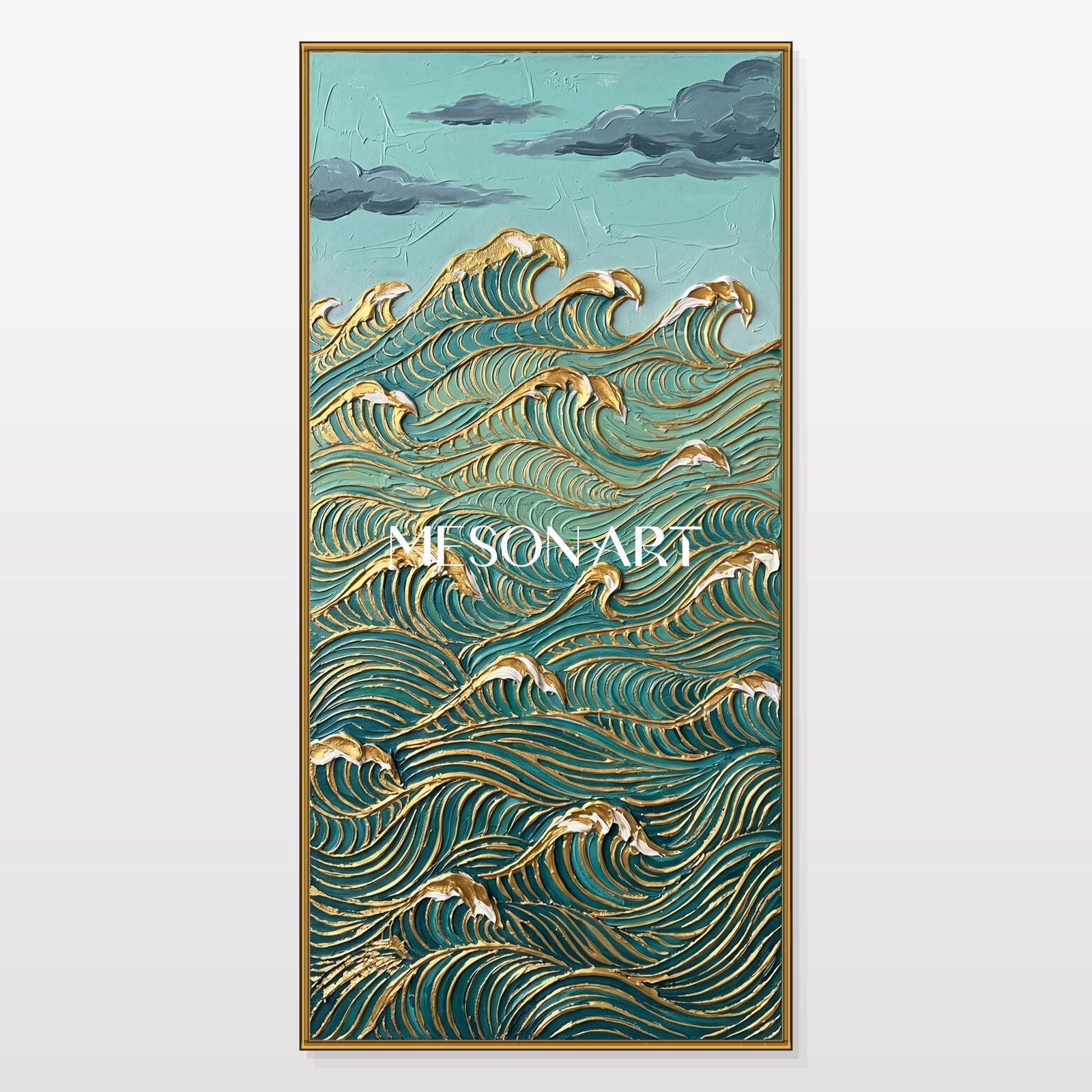 Large Gold Wave Painting With Teal Textured Relief For Art Deco Entryway And Living Room Decor