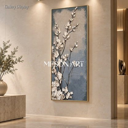 Blue And Cream Floral Impasto Art Panoramic Canvas Original Artist Living Room Wall Decor By Mesonart