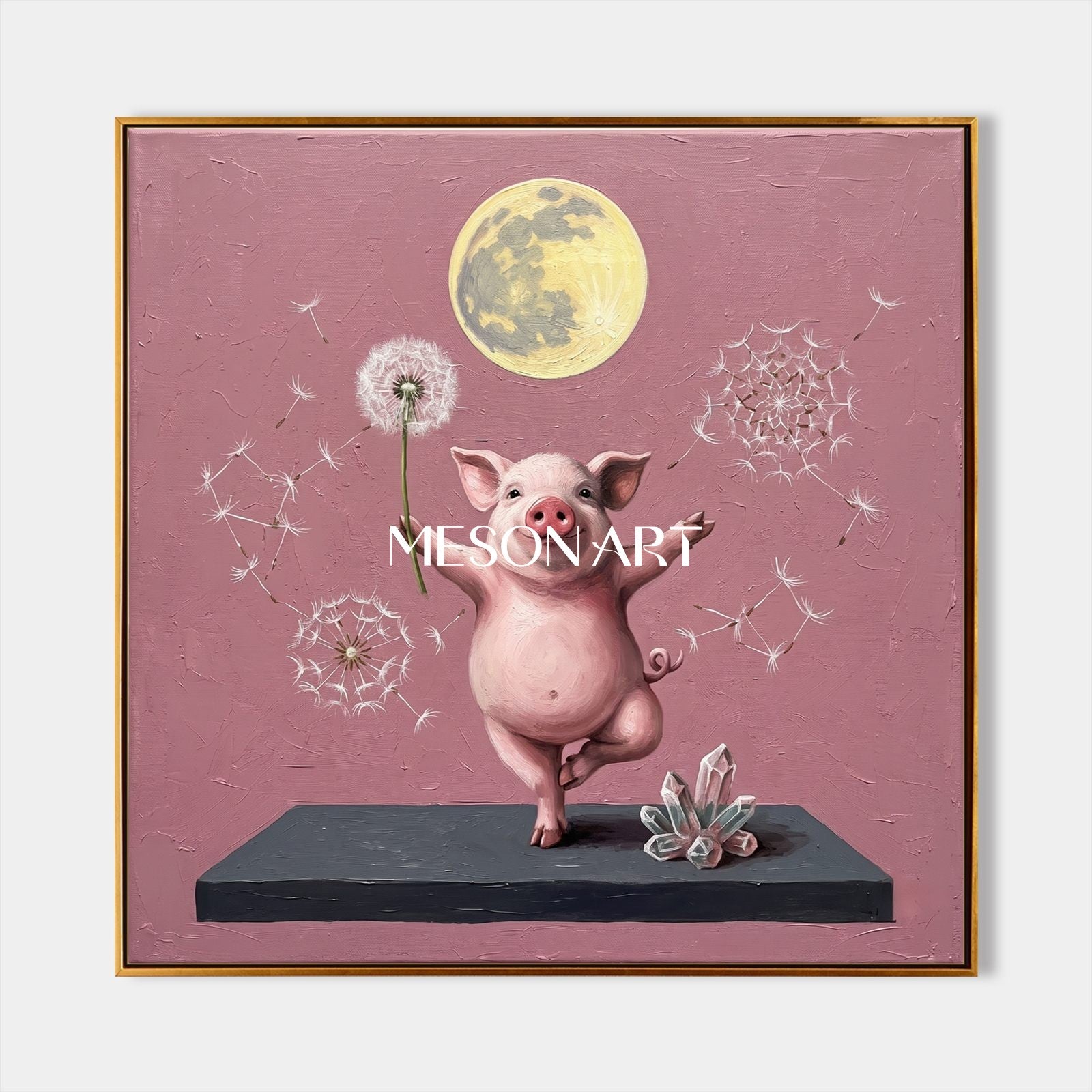 Pink And Gold Painting Surrealist Yoga Pig Original Artist Hand Painted Square Wall Art For Living Room By Mesonart