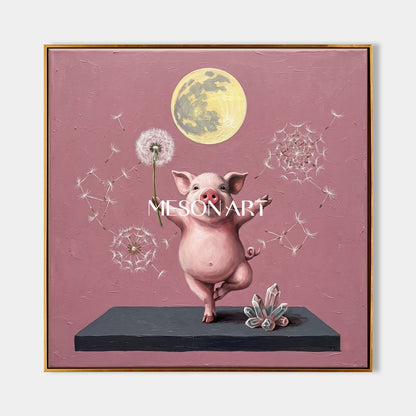 Pink And Gold Painting Surrealist Yoga Pig Original Artist Hand Painted Square Wall Art For Living Room By Mesonart