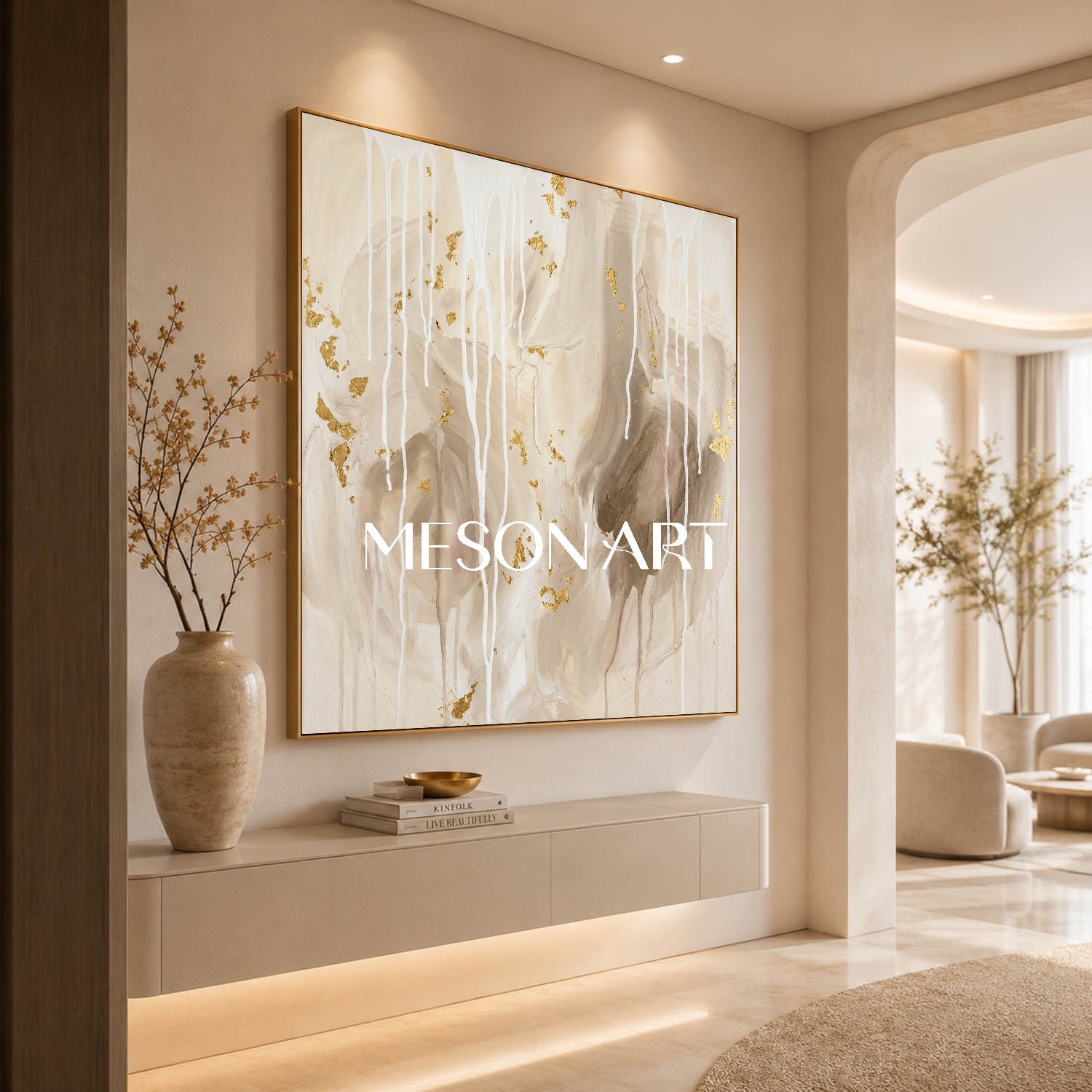 Gilded Abstract Painting With Gold Leaf For Modern Living Room Decor