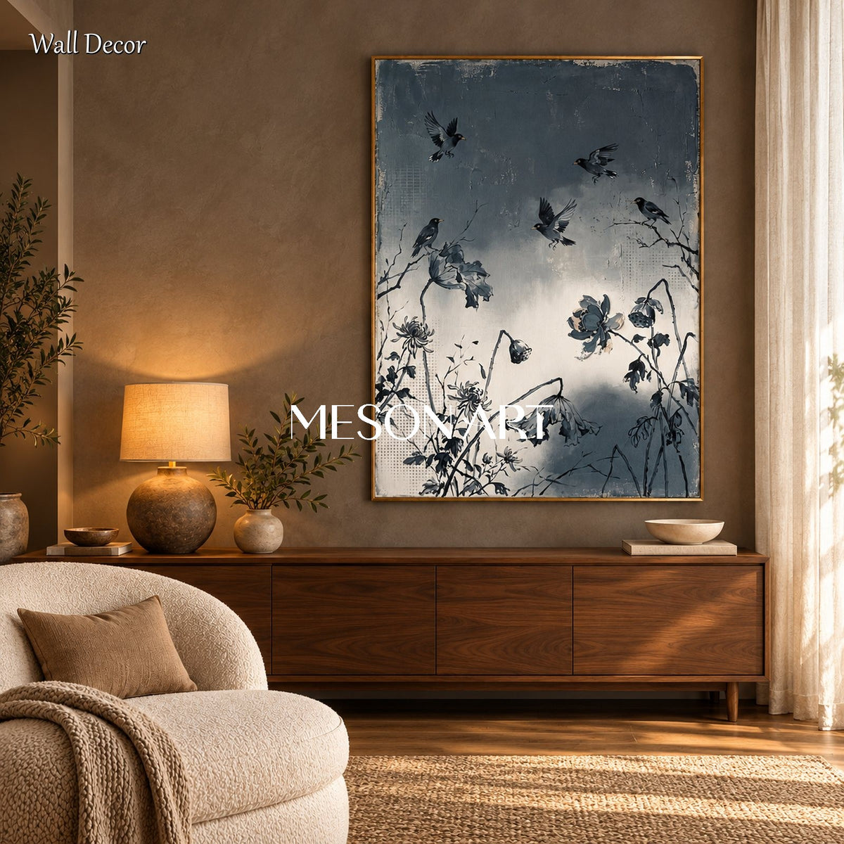 Black And White Crow Floral Painting Rectangular Wall Art Original Artist Hand Painted By Mesonart