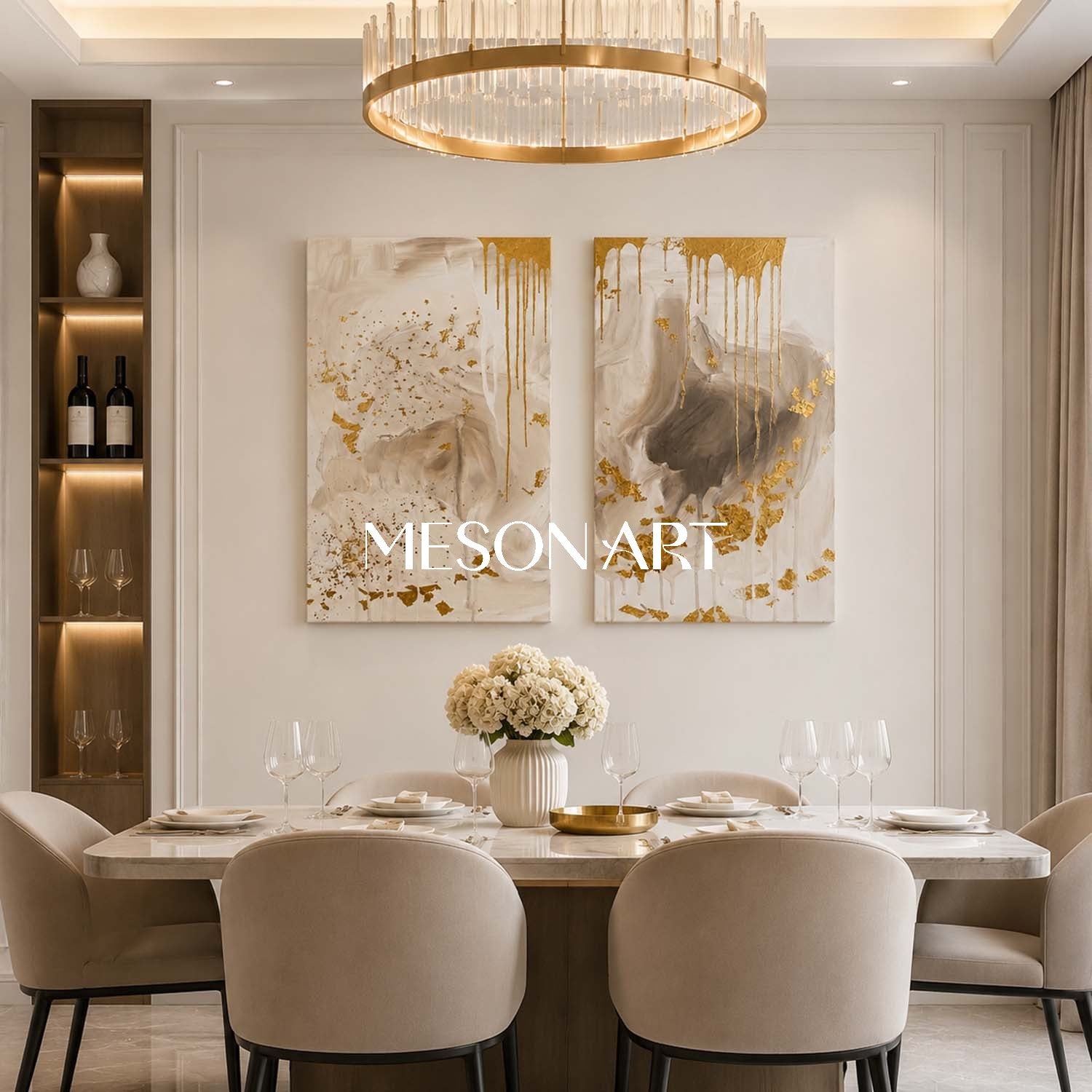 Luxury Gold Leaf Abstract Diptych Painting With Textured Beige Tones For Modern Living Room Decor
