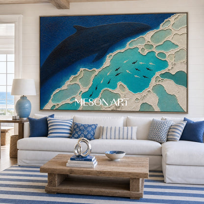 Deep Blue Shark Migration Art With Textured Relief For Modern Living Spaces