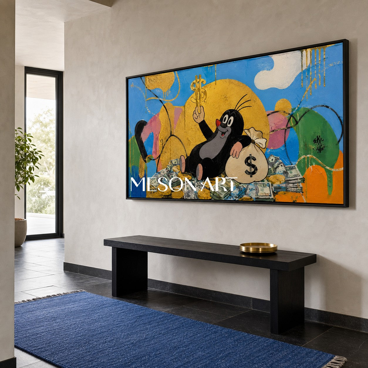 Golden Fortune Fable Pop Art Painting With Cartoon Character For Modern Living Room Decor