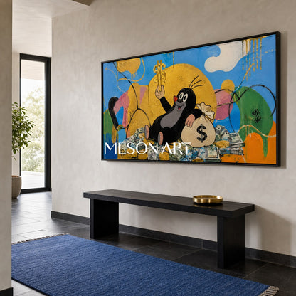 Golden Fortune Fable Pop Art Painting With Cartoon Character For Modern Living Room Decor