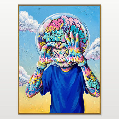 Vibrant Graffiti Art Painting With Bubble Head Figure For Modern Living Room Decor