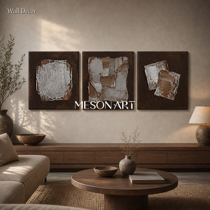 Brown Minimalist Triptych Wall Art With Textured Relief For Contemporary Living Room Decor