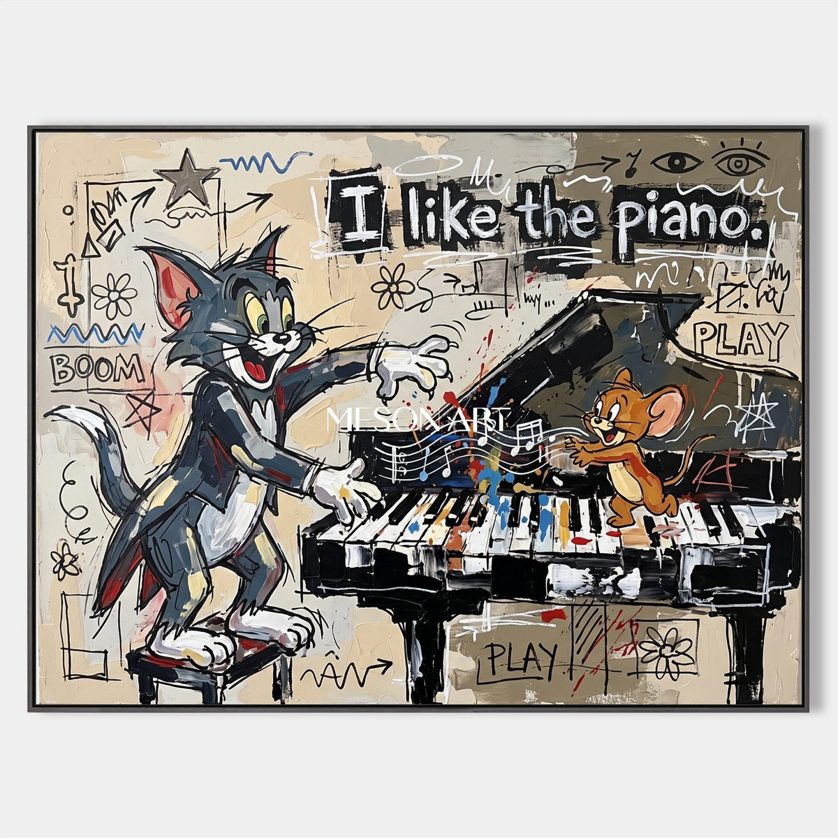 Beige And Black Cartoon Wall Art Rectangular Pop Anime Original Artist Hand Painted Tom And Jerry By Mesonart