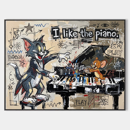 Beige And Black Cartoon Wall Art Rectangular Pop Anime Original Artist Hand Painted Tom And Jerry By Mesonart