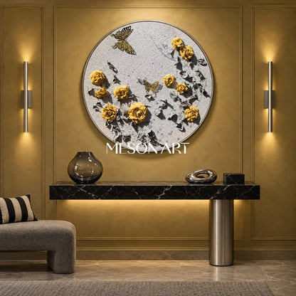 Yellow And Gray Botanical Impression Painting Circular Wall Art Original Hand Painted By Mesonart
