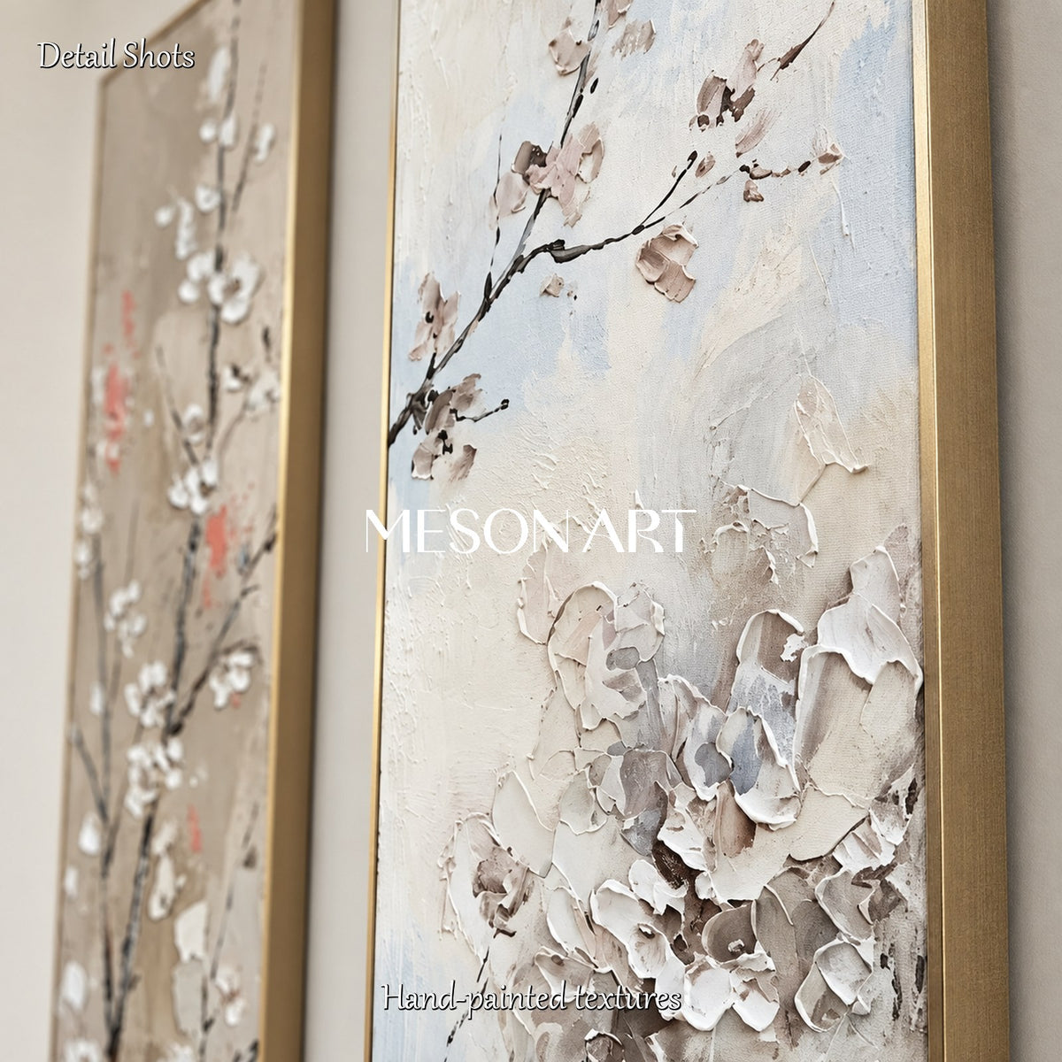 Beige And White Textured Sakura Flowers Rectangular Wall Art Original Artist Hand Painted By Mesonart