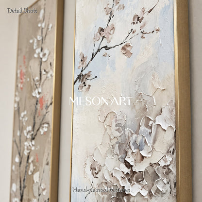 Beige And White Textured Sakura Flowers Rectangular Wall Art Original Artist Hand Painted By Mesonart