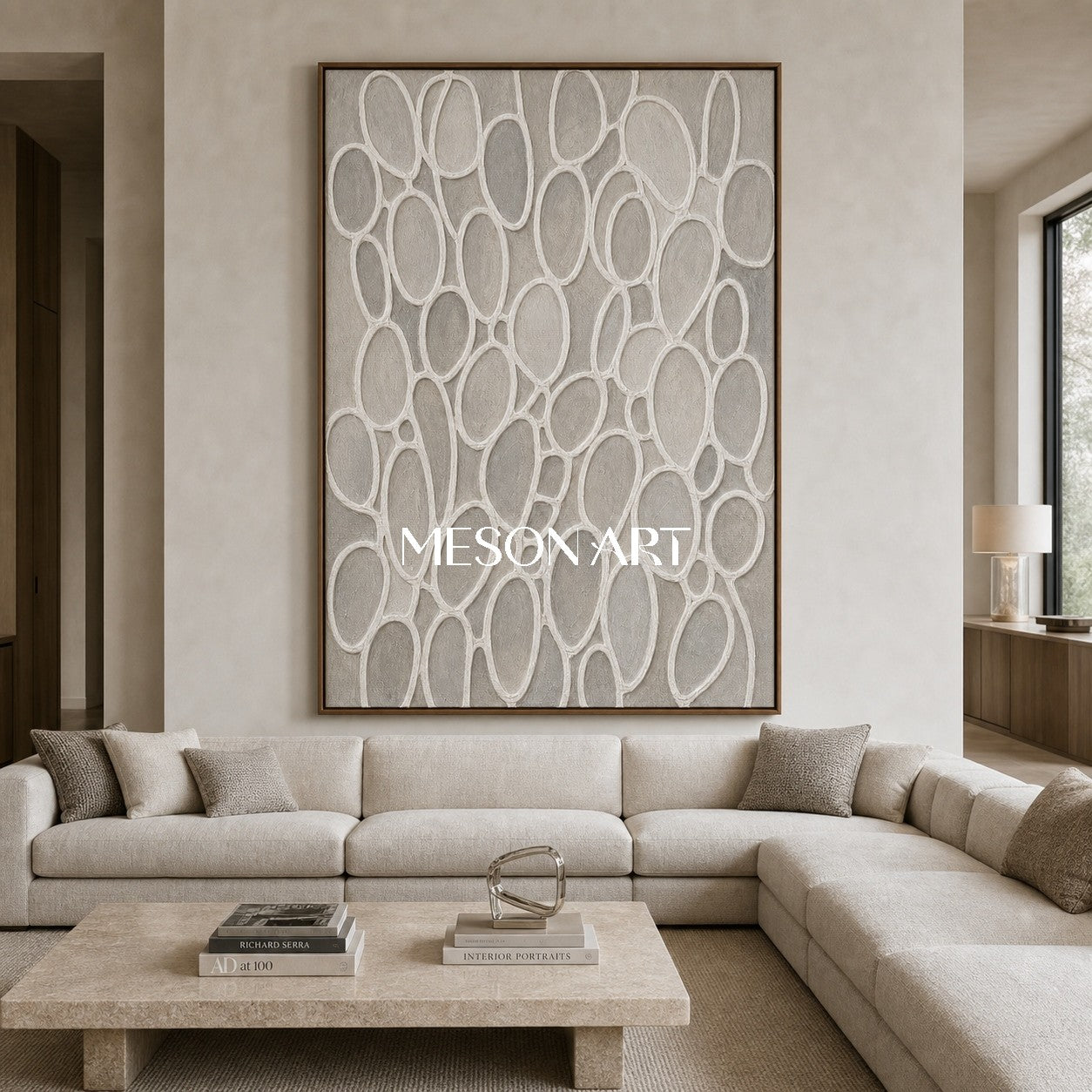 Sculptural Plaster Texture Art With Biomorphic Cells For Japandi Living Room Decor