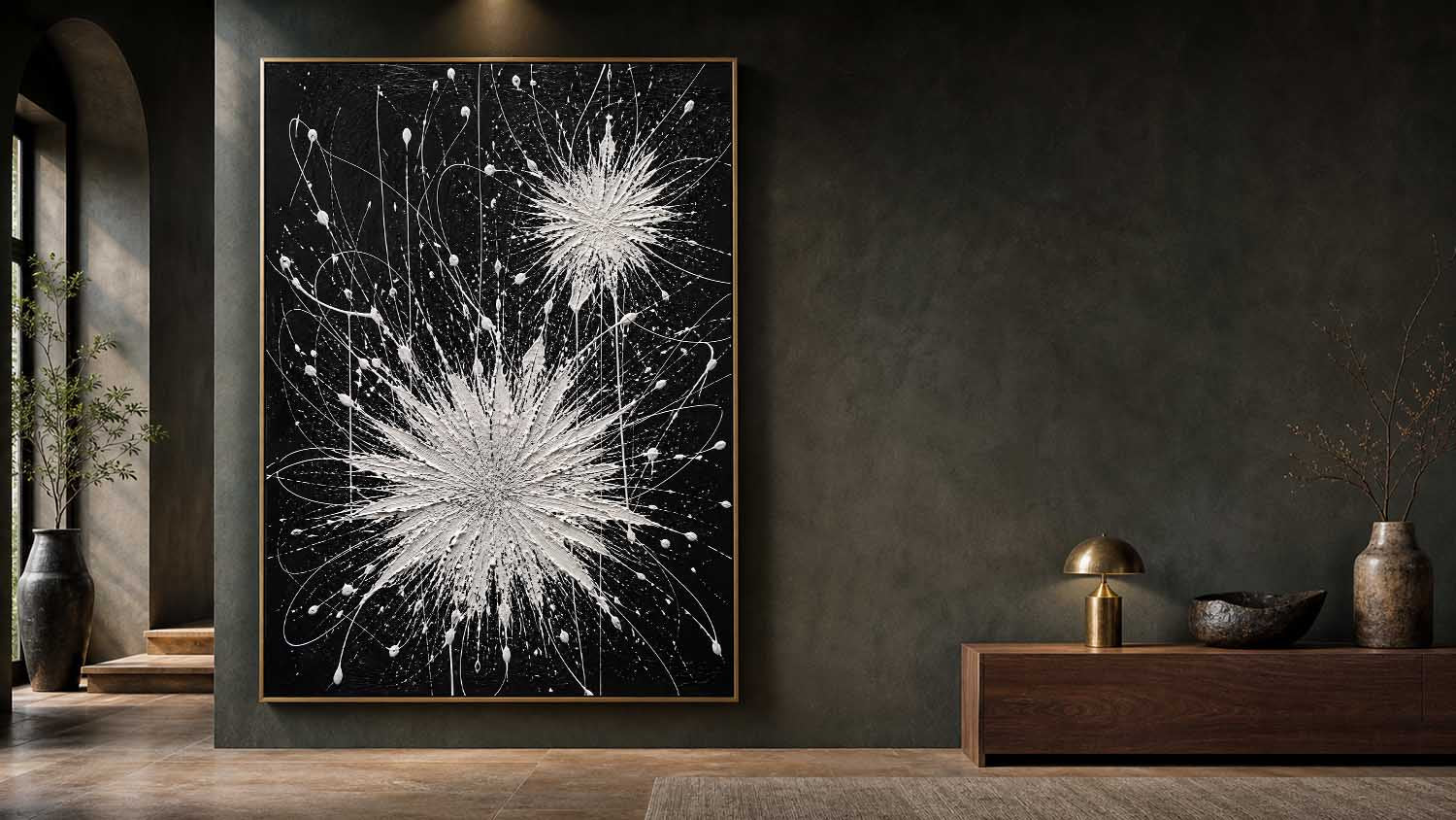 Abstract Black White Explosion Art For Modern Living Room Entryway Executive Office