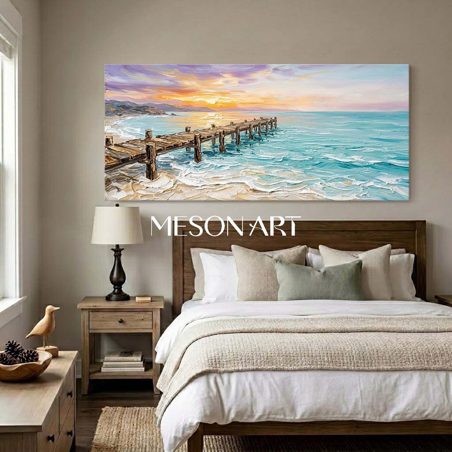 Original Impasto Seascape Painting With Pier For Coastal Living Room Decor