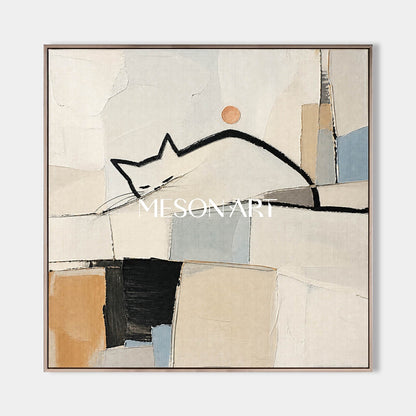Minimalist Cat Abstract Painting On Linen Canvas With Soft Brushwork For Living Room