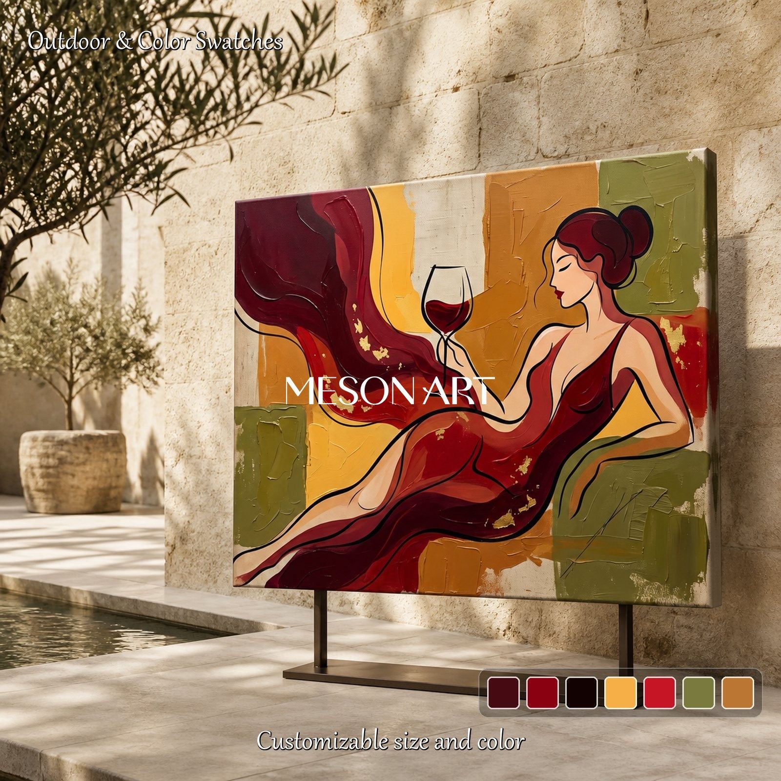 Red And Gold Painting Contemporary Art Wine Culture Original Artist Rectangular Wall Art For Dining Room By Mesonart