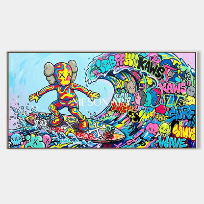 ポップカルチャーのアイコンをあしらった鮮やかなグラフィティアート。モダンなリビングのインテリアにぴったり。