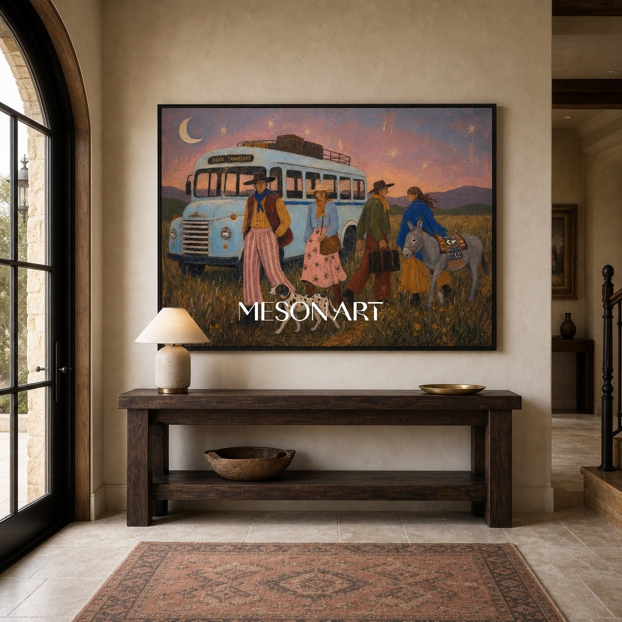 Bohemian Travel Art With Vintage Bus And Nomadic Figures For Living Room Decor