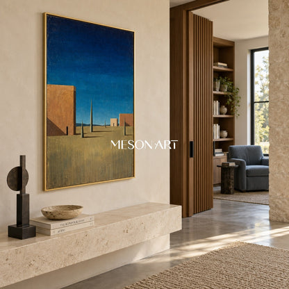 Blue Brown Surrealist Metaphysical Architectural Geometric Nostalgic Rectangular Wall Art By Mesonart