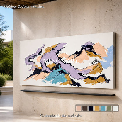 Pastel Purple And Beige Mountain Landscape Painting Impasto Modern Wall Art Panoramic By Mesonart