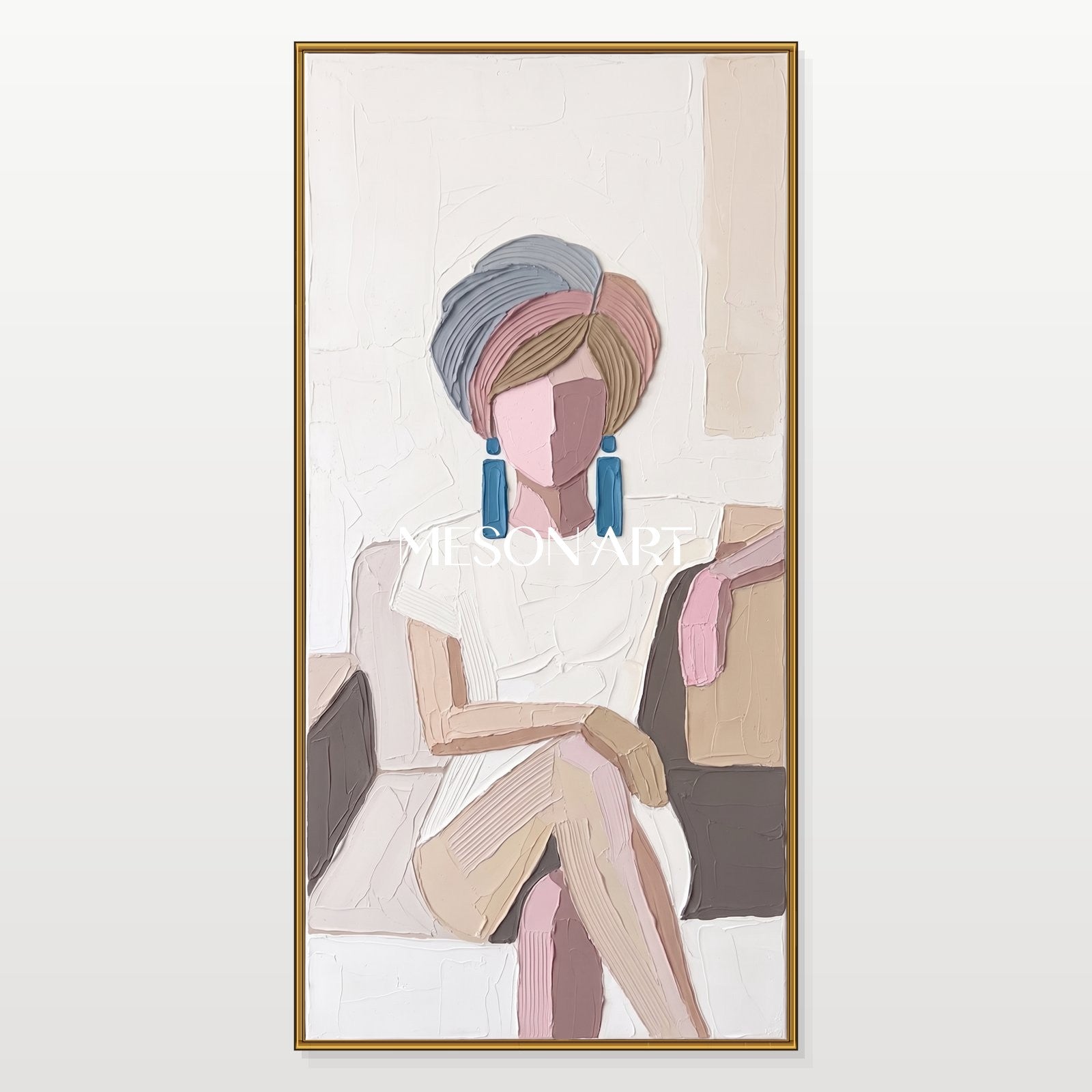 Beige And Pink Abstract Portrait Panoramic Textured Painting Original Artist Hand Painted Contemporary Art By Mesonart