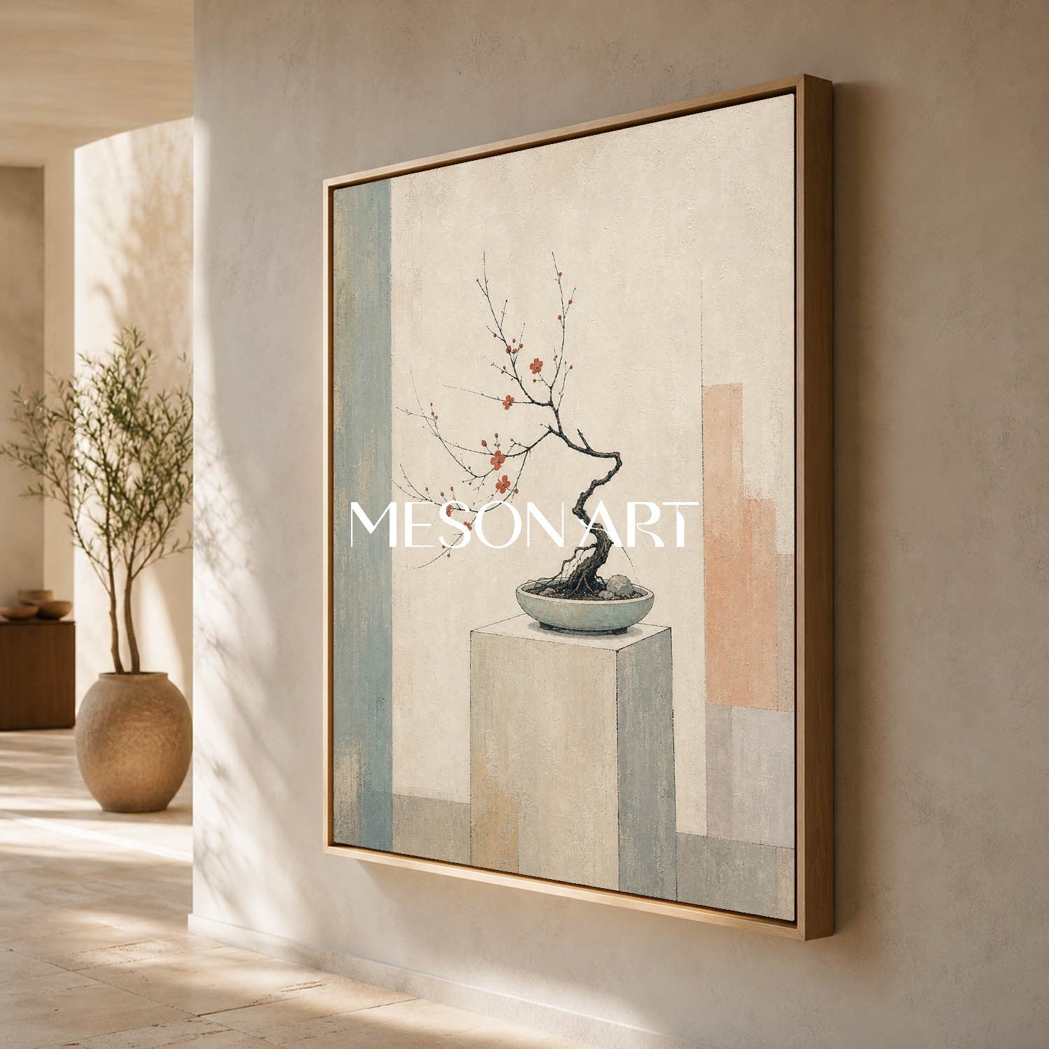 Minimalist Bonsai Painting With Geometric Background For Living Room And Office Decor