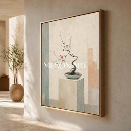 Minimalist Bonsai Painting With Geometric Background For Living Room And Office Decor