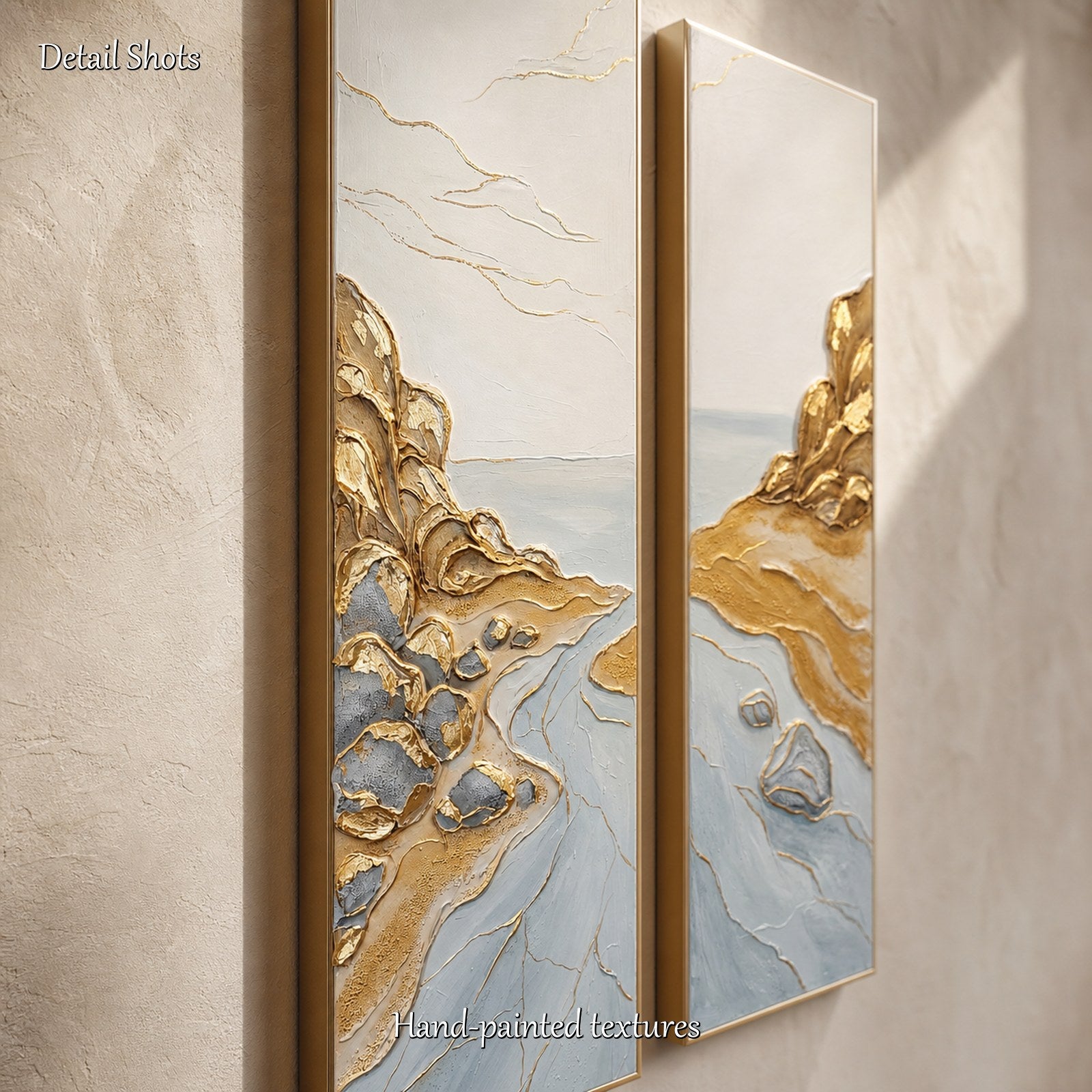 Large Gold And Blue Textured Painting Abstract Ocean Wall Art For Modern Living Room Entryway Decor
