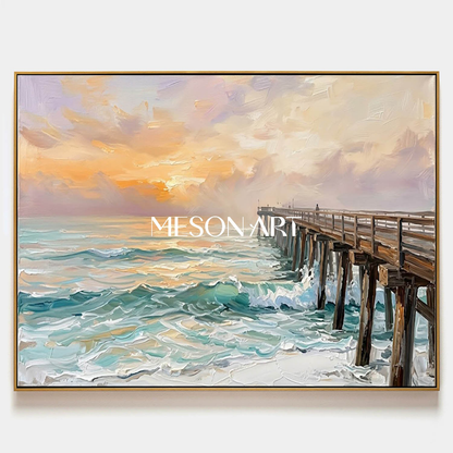 Luxury Golden Sunset Ocean Painting With Wooden Pier For Coastal Living Room Decor