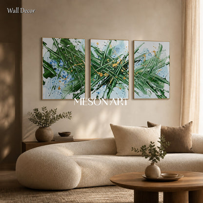 Green And Blue Abstract Jackson Pollock Inspired Painting Rectangular Wall Art For Living Room By Mesonart