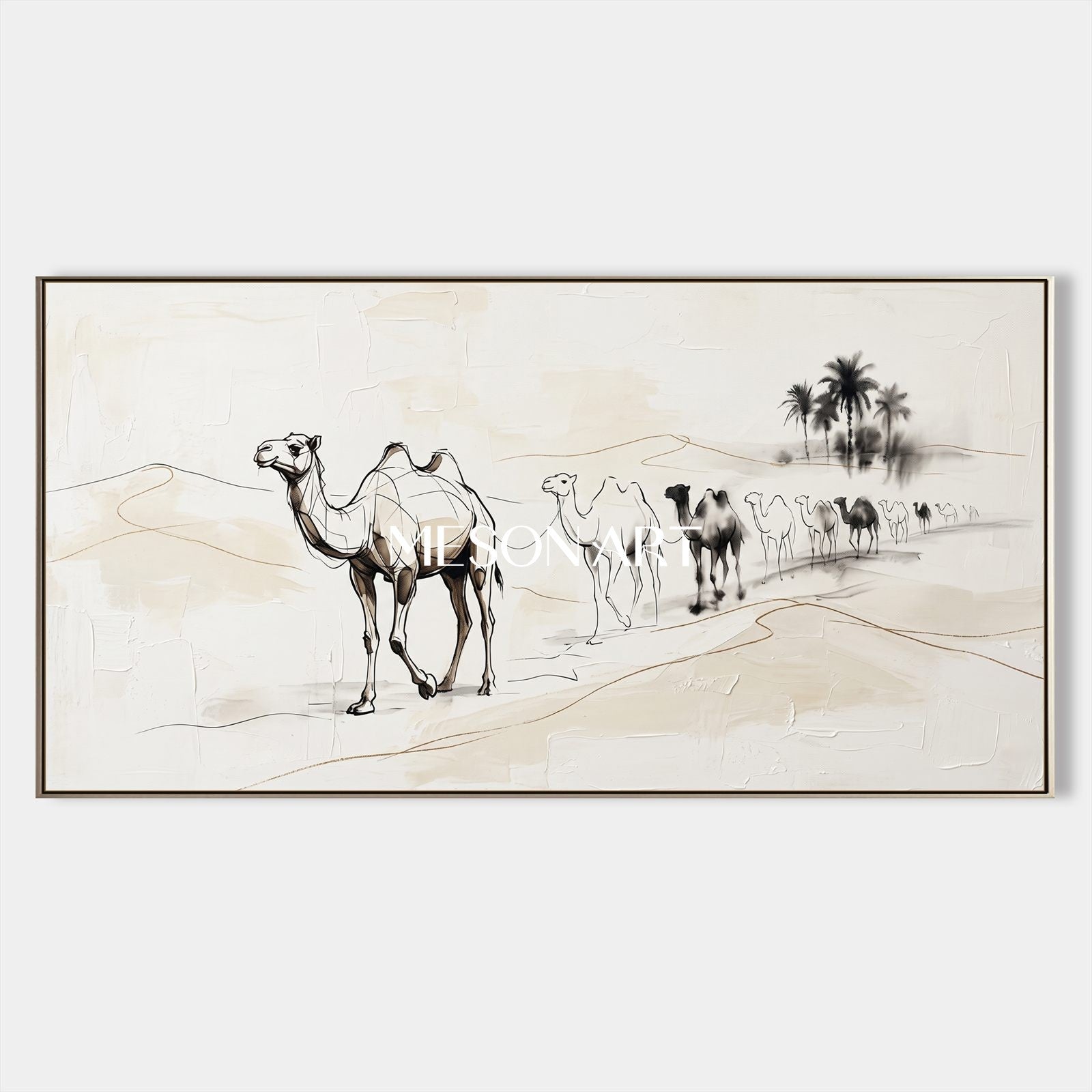 Beige And Black Minimalist Camel Painting Large Panoramic Wall Art Original Artist By Mesonart