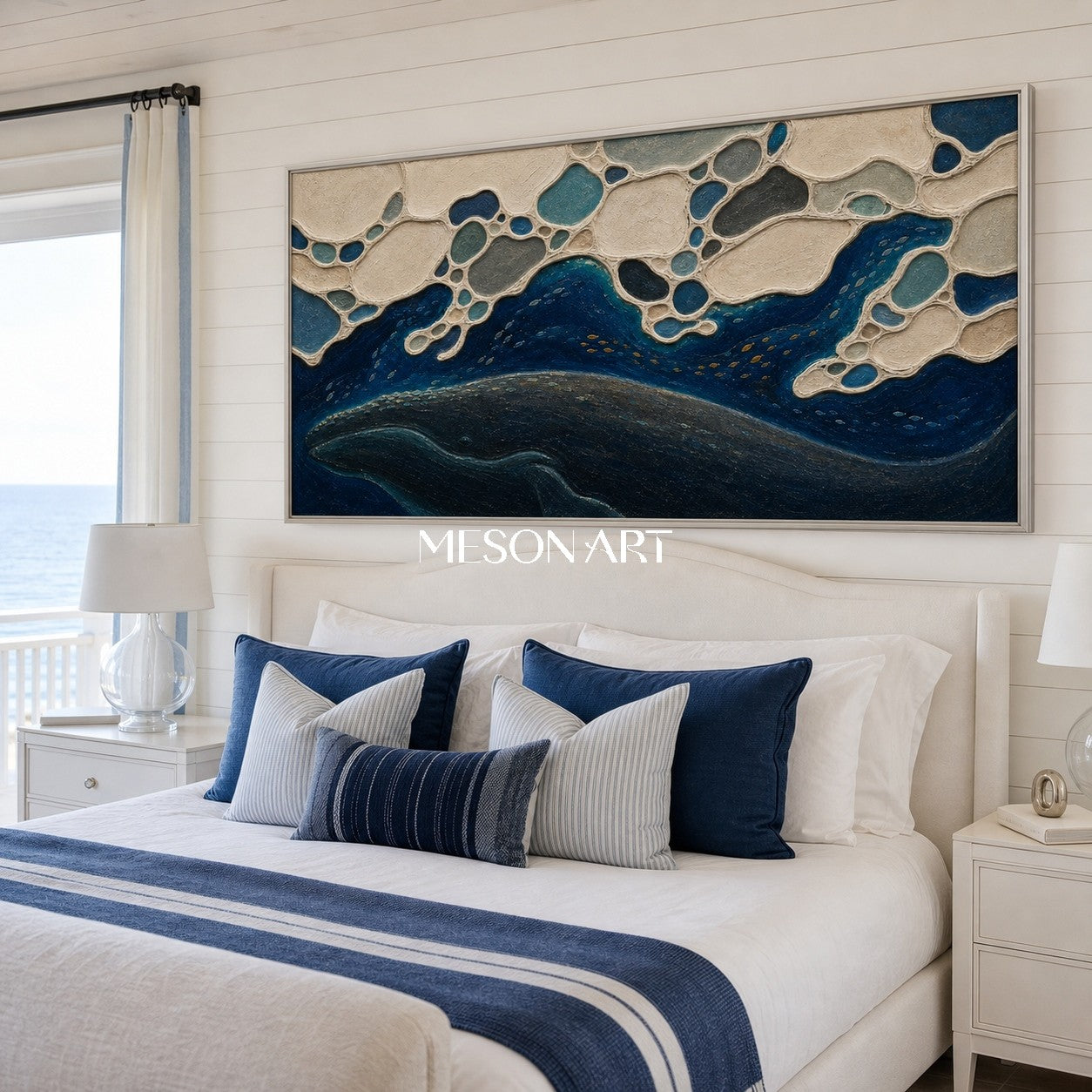 Deep Ocean Whale Silhouette Art With Textured Waves For Modern Living Room Decor