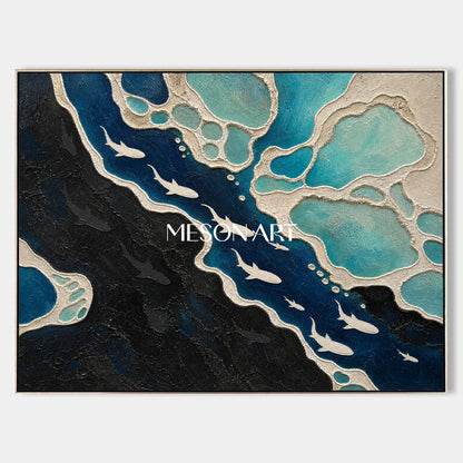 Deep Ocean Shark Migration Abstract Art For Modern Living Room Decor
