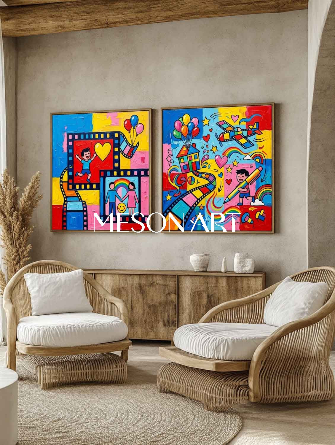 Colorful Pop Art Set Of Two For Kids Room Wall Decor With Film Strip Motif