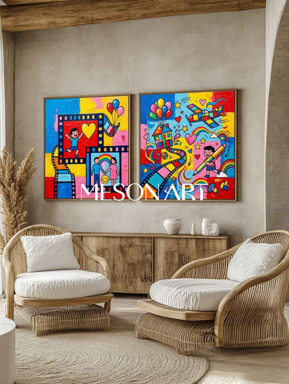 Colorful Pop Art Set Of Two For Kids Room Wall Decor With Film Strip Motif