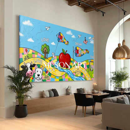 Whimsical Surrealist Painting For Kids Room With Colorful Animals And Dreams