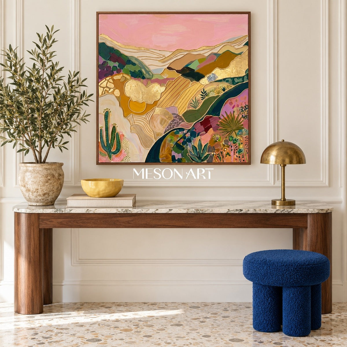 Pink And Gold Abstract Landscape Textured Painting Square Wall Art Modern Bohemian Original Artist By Mesonart