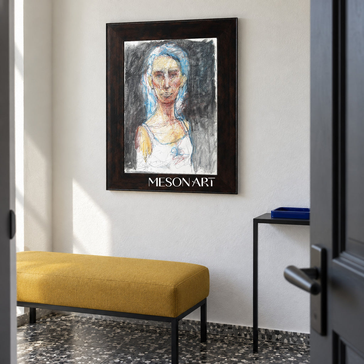 Black And White Figurative Expressionist Portrait Painting Rectangular Wall Art For Living Room By Mesonart