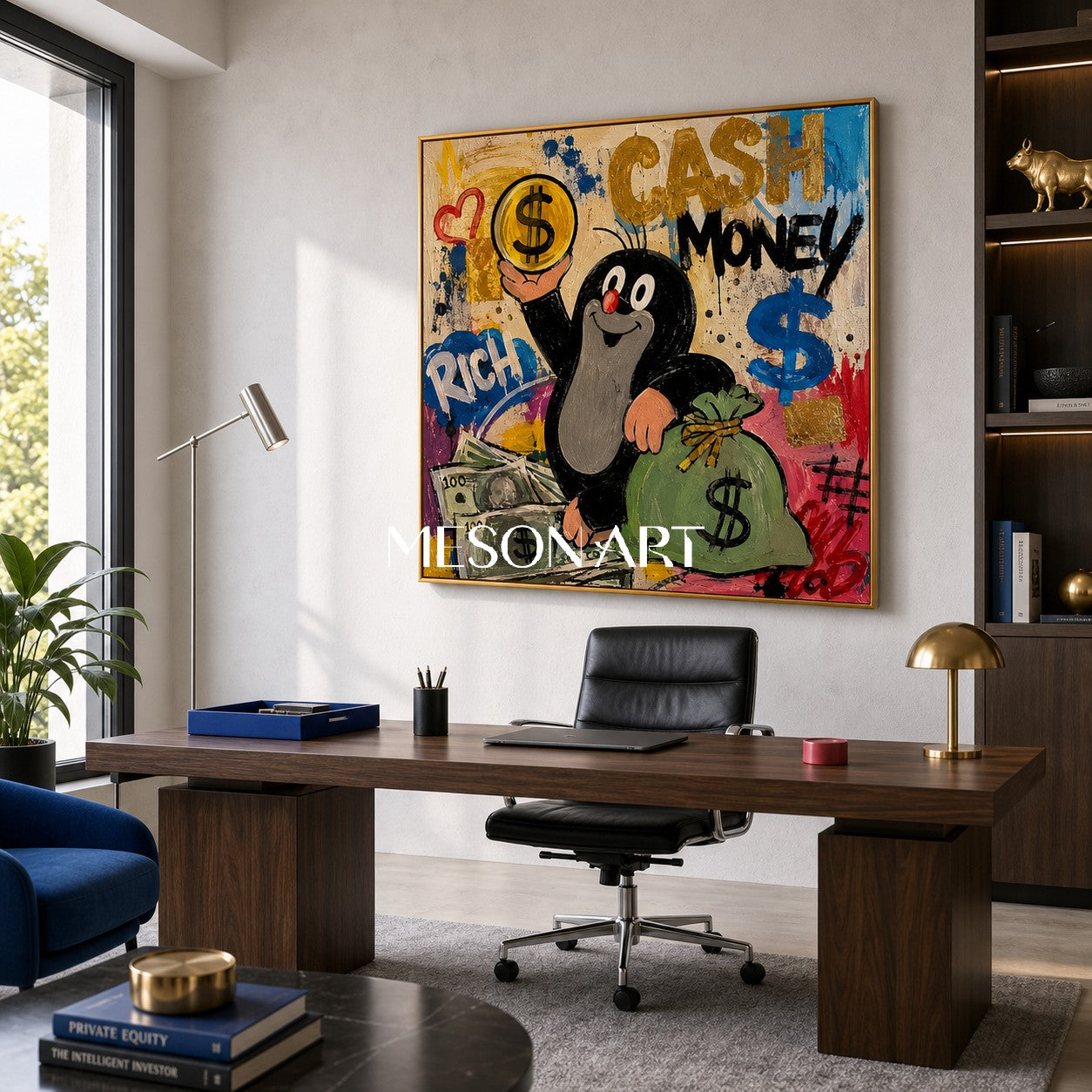 Funny Cartoon Mole With Money Pop Art Graffiti Painting On Linen Canvas For Living Room And Entryway Decor