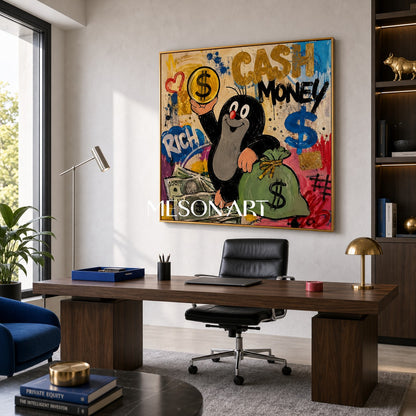 Funny Cartoon Mole With Money Pop Art Graffiti Painting On Linen Canvas For Living Room And Entryway Decor