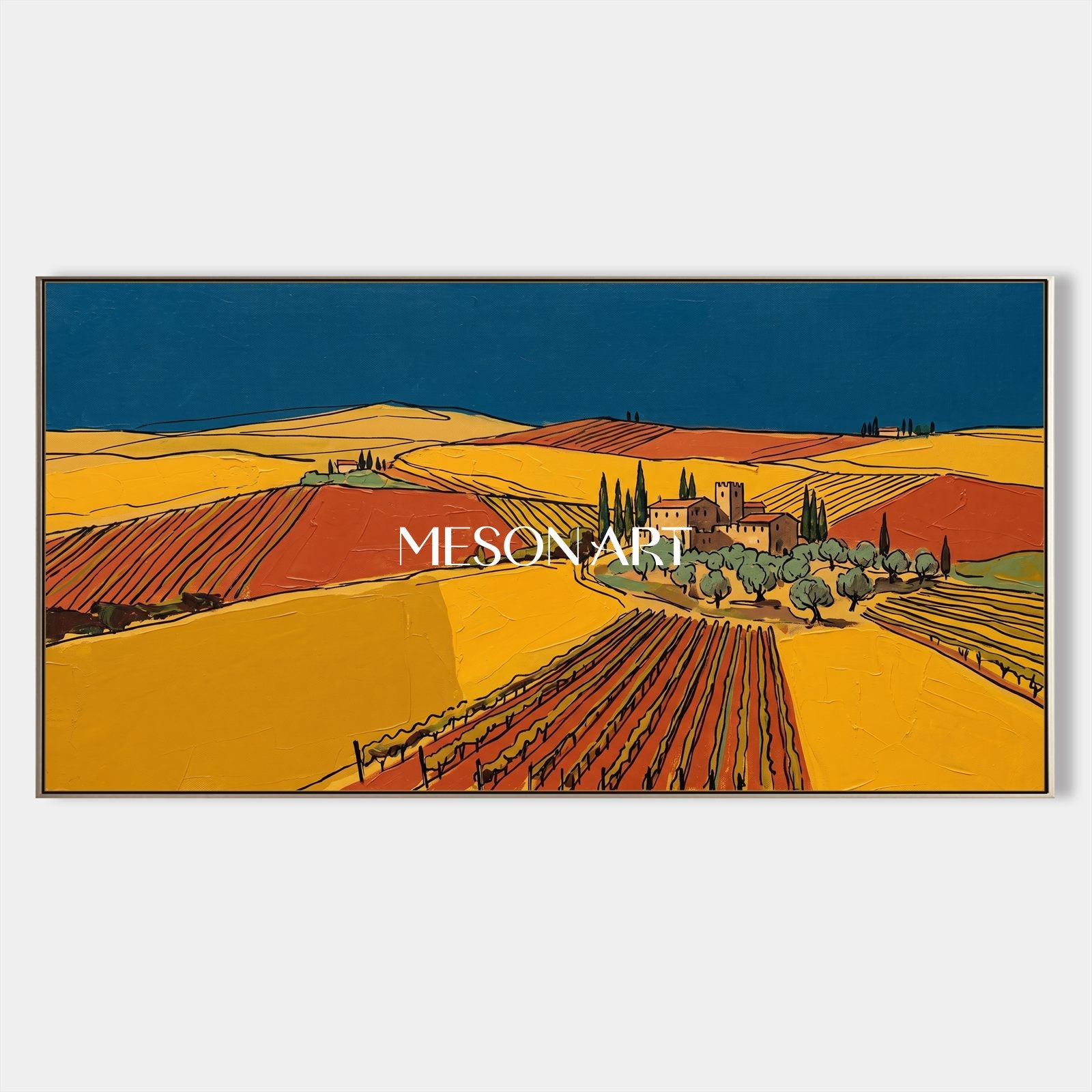 Yellow And Blue Vineyard Landscape Painting Contemporary Art Original Artist Panoramic Wall Decor For Dining Room By Mesonart