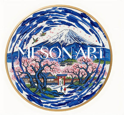 Mount Fuji Scenery Painting Pink Sakura Cherry Blossoms Oil Painting 