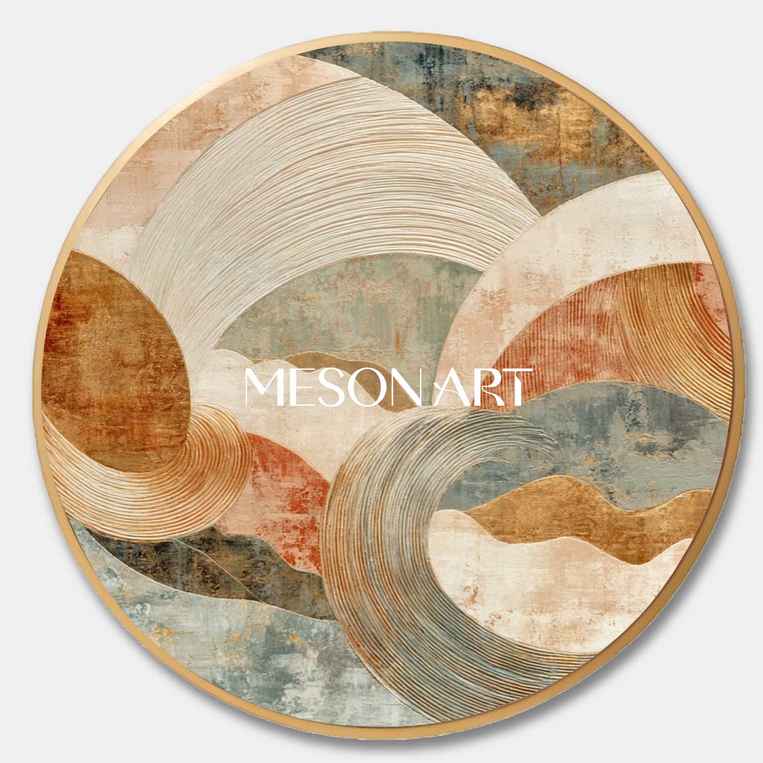 Earthy Tone Wave Abstract Round Canvas – Beige & Green Textured Canvas
